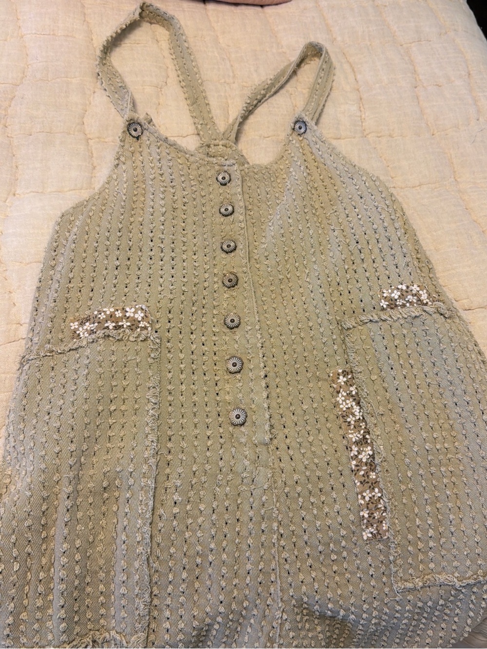 Olive Green Knit Button Overalls